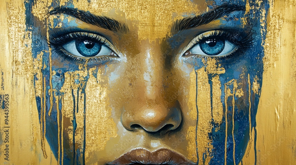 A striking abstract portrait of a woman's face with golden skin and vibrant blue paint dripping down, Art, Portrait, Abstract, Woman, Face, Gold, Blue A striking abstract portrait of a woman's face with golden skin and vibrant blue paint dripping down, Art, Portrait, Abstract, Woman, Face, Gold, Blue