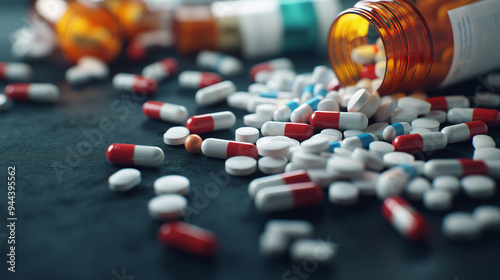 An intense close-up of various prescription tablets and capsules spilling out from multiple pill bottles onto a dark surface, highlighting the overwhelming prevalence of drug depen photo