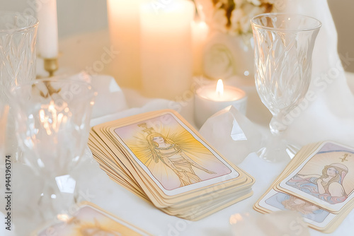 Close-Up of Woman’s Hands Shuffling Tarot Deck with Angel Card on Light Pink Sweater

