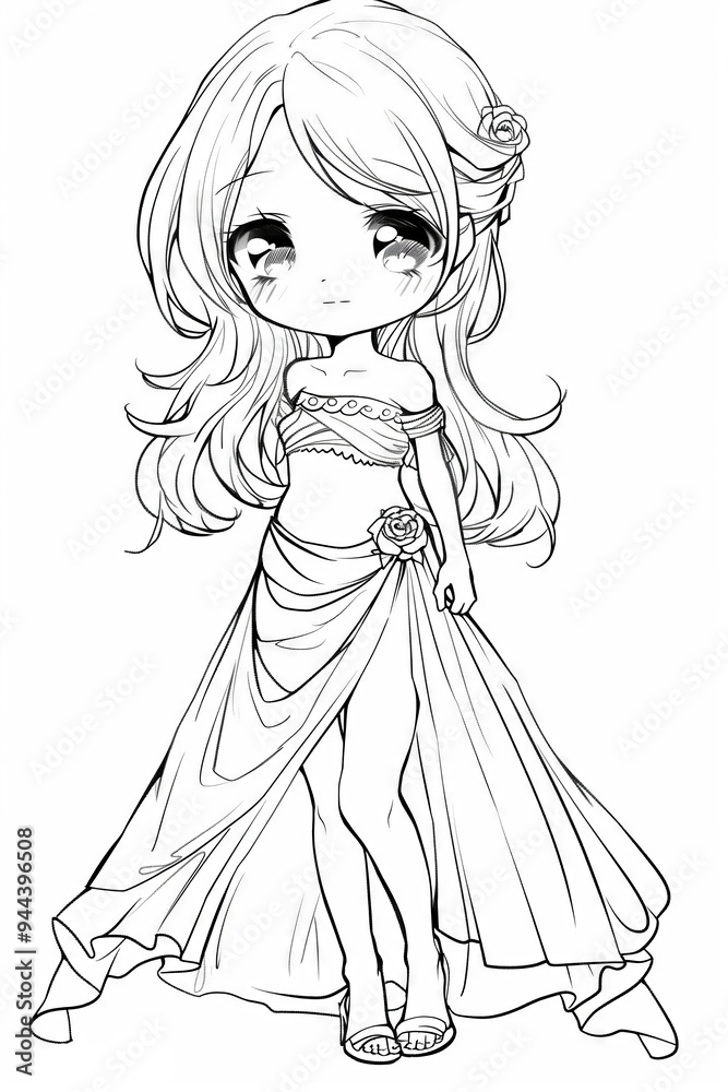 A charming coloring activity featuring a cute girl in an elegant dress preparing for a vibrant outdoor event on a sunny day A charming coloring activity featuring a cute girl in an elegant dress preparing for a vibrant outdoor event on a sunny day
