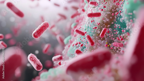 A close-up, animated view of beneficial probiotics at work inside the human digestive system, with friendly bacteria aiding in nutrient absorption and gut wellness.