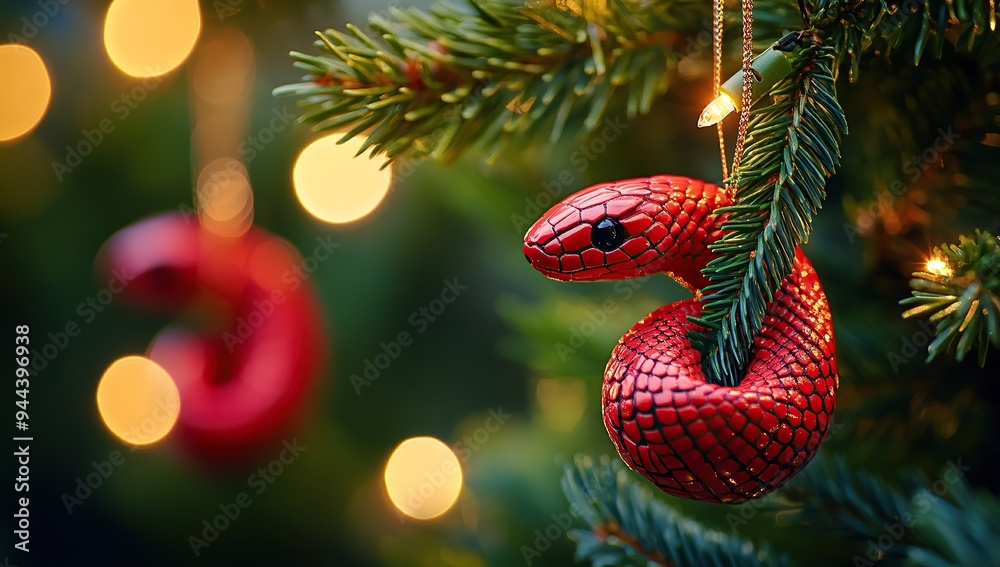 A red snake ornament hanging on the Christmas tree A red snake ornament hanging on the Christmas tree
