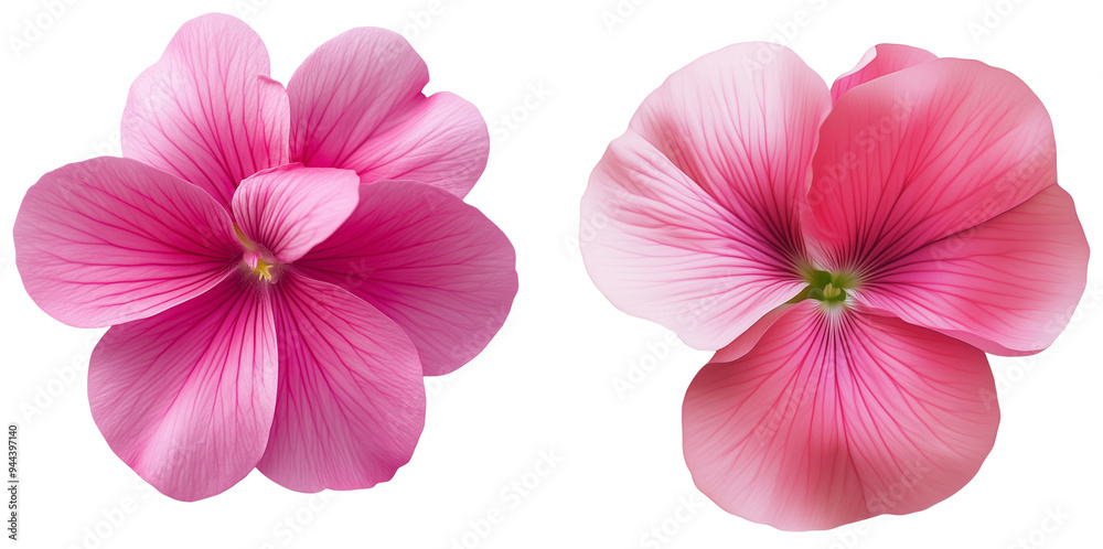 Pink Geranium Blooms: Two delicate pink geranium flowers in full bloom, isolated on transparent background. The petals are soft and velvety, with a subtle hint of pink and white. Pink Geranium Blooms: Two delicate pink geranium flowers in full bloom, isolated on transparent background. The petals are soft and velvety, with a subtle hint of pink and white.