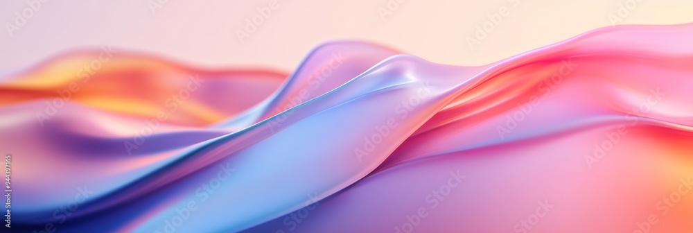 Fototapeta premium Satin fabric in shades of pink, blue, and purple cascades gracefully, catching the soft light of dusk