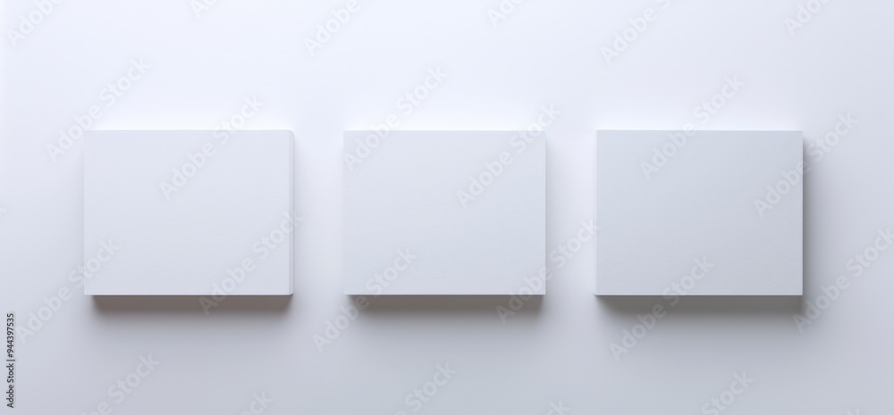 Three White Blank Rectangular Mockups on a white Background, Top View, Minimalistic Design Three White Blank Rectangular Mockups on a white Background, Top View, Minimalistic Design