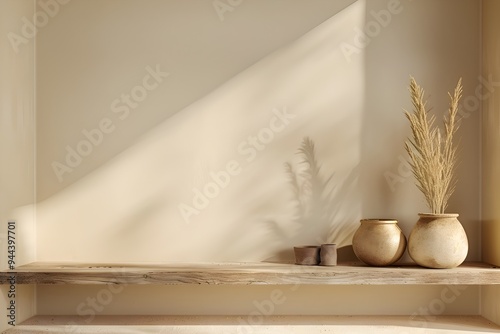 High resolution Beige room with cement wall and floor background with soft shadow from window on empty concrete wall. Aesthetic boho architecture interior. Creative product mockup