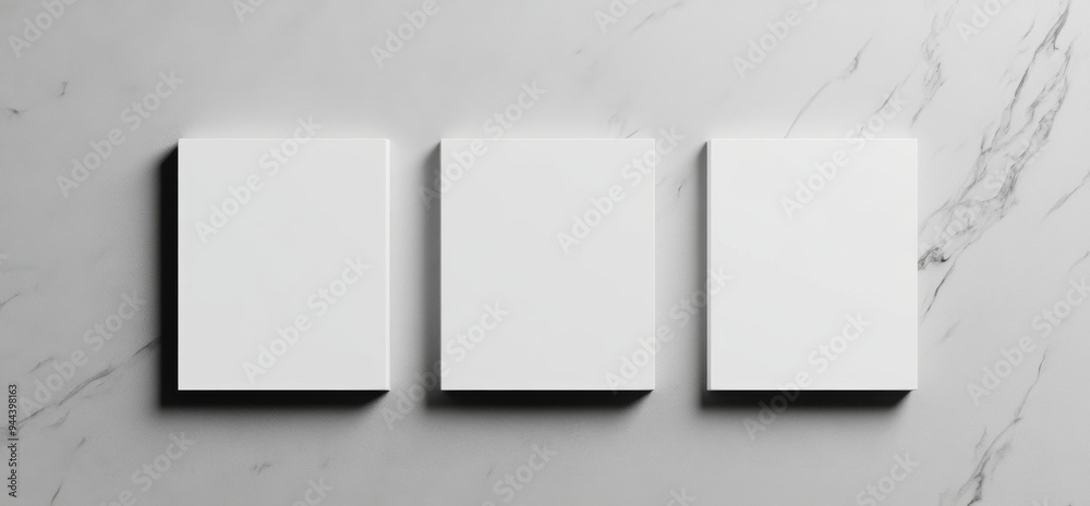 Three White Blank Rectangular Mockups on a Grey Background, Top View, Minimalistic Design Three White Blank Rectangular Mockups on a Grey Background, Top View, Minimalistic Design
