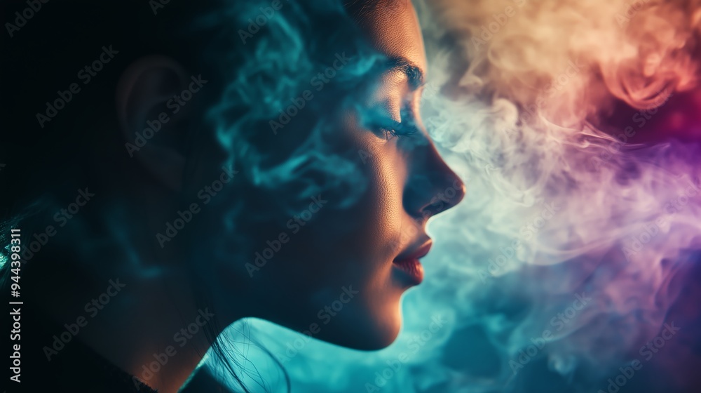 A woman in profile surrounded by colorful smoke during a creative evening photoshoot capturing ethereal beauty and vibrant atmosphere A woman in profile surrounded by colorful smoke during a creative evening photoshoot capturing ethereal beauty and vibrant atmosphere