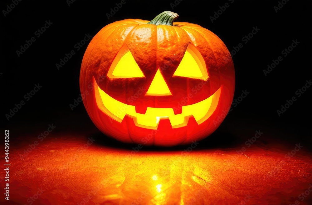 Halloween Jack o Lantern pumpkin with spooky carved grin and lighted candle inside on dark backdrop Halloween Jack o Lantern pumpkin with spooky carved grin and lighted candle inside on dark backdrop