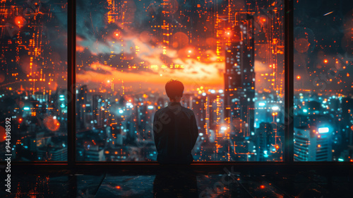 Rear view of a young Asian man looking through a panoramic window with a digital holographic bright screen and a view of the metropolis in a modern technology office. Technology concept.