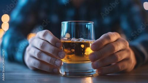 A close-up of trembling hands holding a glass of alcohol, with the background blurred to emphasize the focus on the physical and emotional struggles of addiction, portraying the si photo