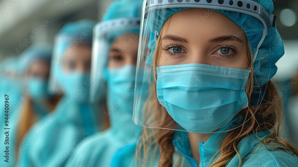 A group of healthcare workers wearing full PPE, including masks and face shields, showing dedication and focus in a medical setting. A group of healthcare workers wearing full PPE, including masks and face shields, showing dedication and focus in a medical setting.