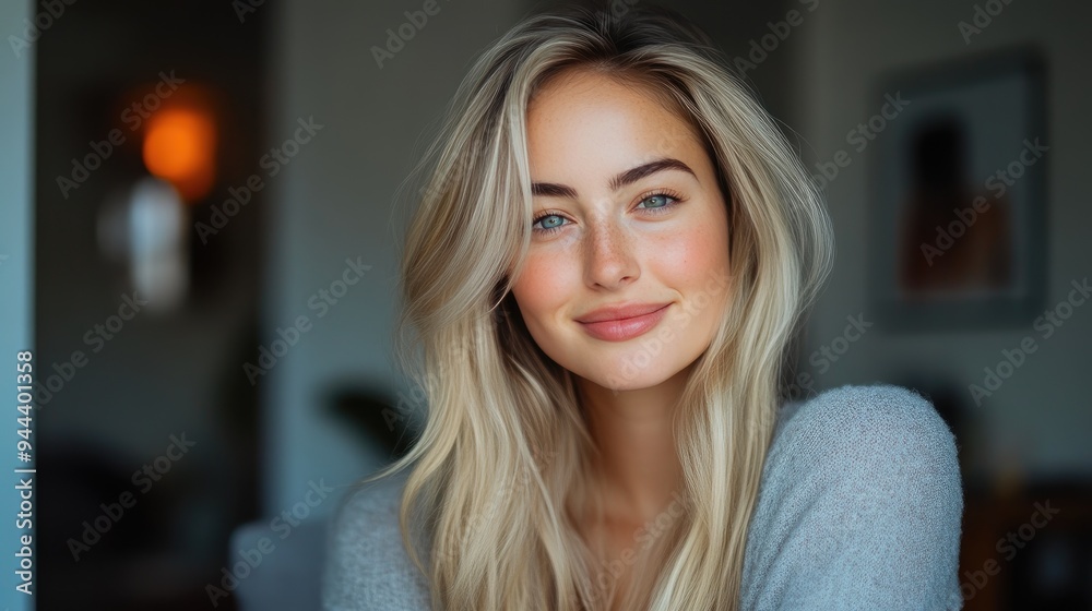 Blonde vlogger creating content in a modern living space Blonde vlogger creating content in a modern living space