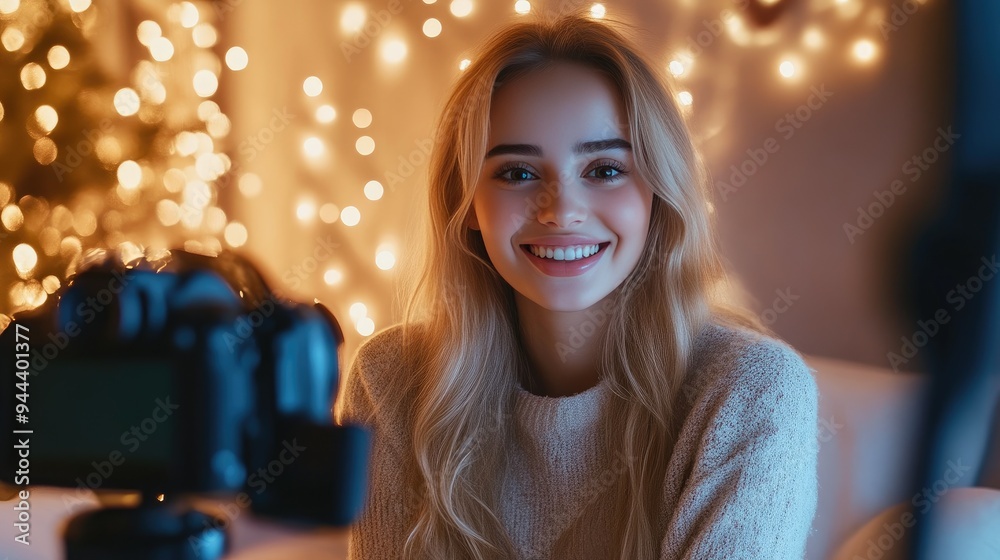 Smiling Influencer Surrounded by Holiday Decor Smiling Influencer Surrounded by Holiday Decor