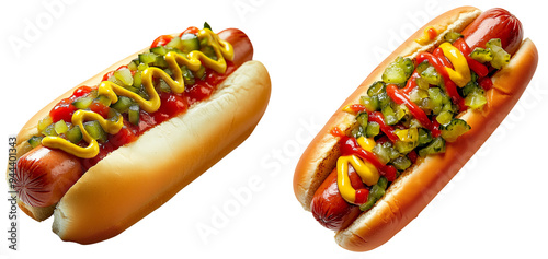 Classic American Hot Dog Duo: Two perfectly dressed hot dogs, isolated on transparent background.  
