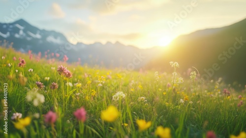 Alpine Meadow Brimming with Early Morning Flowers