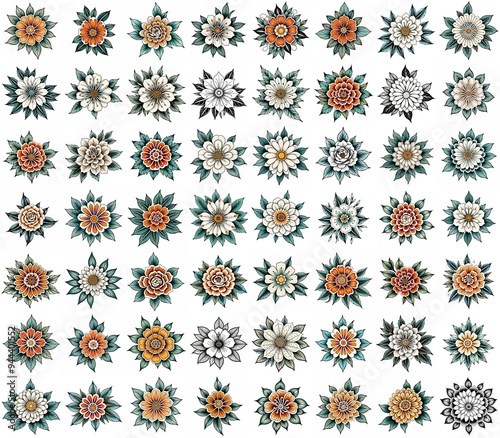 Set of flowers isolated on white background. Hand drawn illustrations.