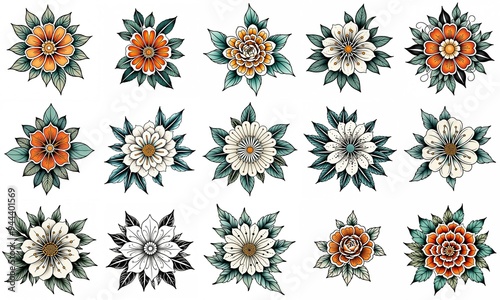 Set of flowers isolated on white background. Hand drawn illustrations.