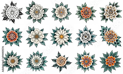 Set of flowers isolated on white background. Hand drawn illustrations.