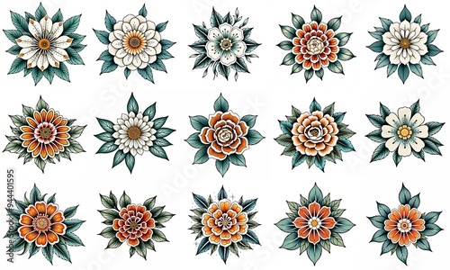 Set of flowers isolated on white background. Hand drawn illustrations.