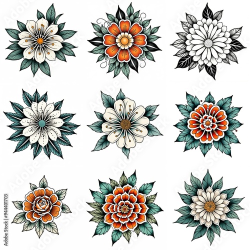 Set of flowers isolated on white background. Hand drawn illustrations.