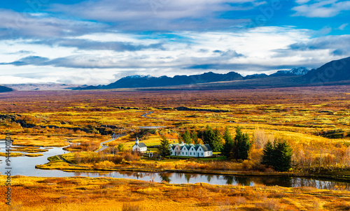 Fototapeta Naklejka Na Ścianę i Meble -  Thingvellir national park in Iceland. Iceland fall nature landscape. Thingvellir nature. Thingvellir park river. River in fall Iceland. Autumn landscape. Thingvellir autumn landscape