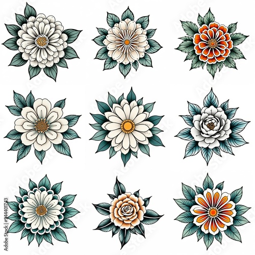 Set of flowers isolated on white background. Hand drawn illustrations.