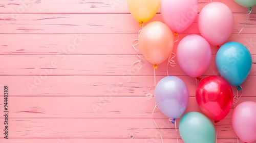  Template of header with 3d pink realistic balloons with confetti ribbons frame and empty space for greeting text or invitation. Cute panoramic banner for celebration, sale, opening, holiday, wedding