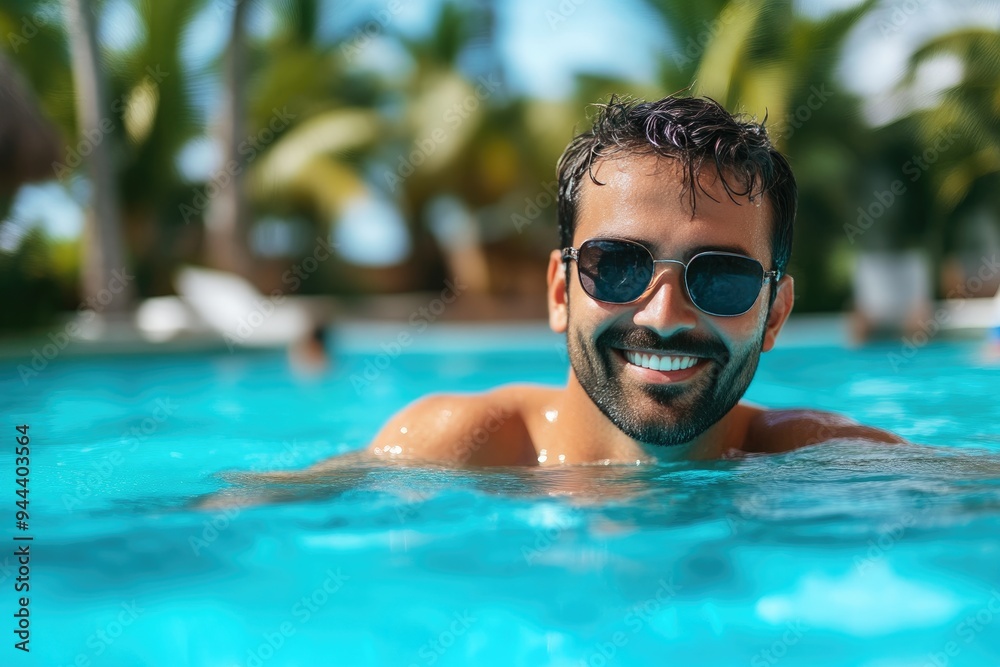 Naklejka premium Happy Man Taking a Dip in Pool