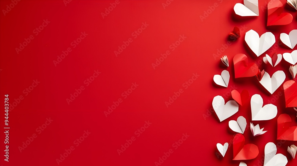 Red textile hearts confetti on a pink glittering background. Copy space. Red textile hearts confetti on a pink glittering background. Copy space.
