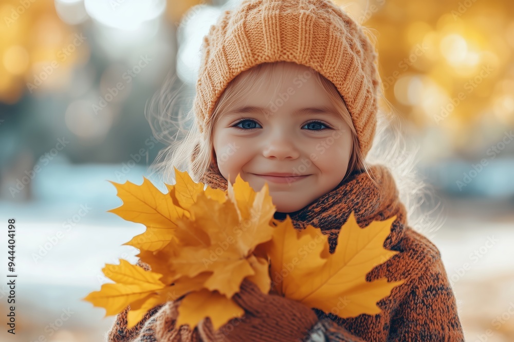 Cheerful child holding vibrant autumn leaves in a park filled with golden foliage during a sunny fall afternoon Cheerful child holding vibrant autumn leaves in a park filled with golden foliage during a sunny fall afternoon