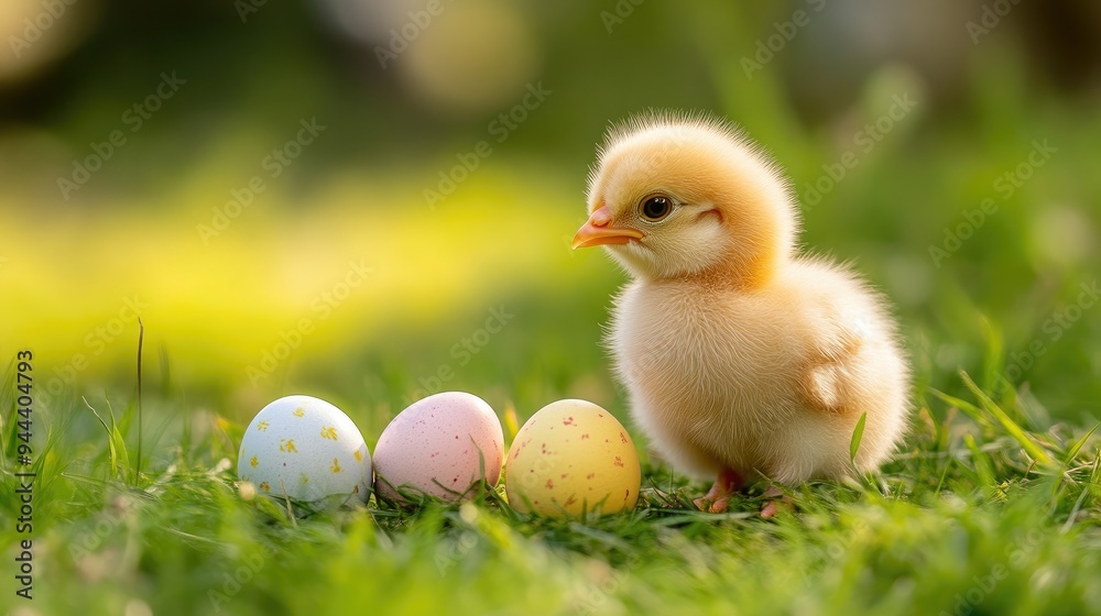 Fluffy Chick Exploring a Cluster of Easter Eggs in a Garden Fluffy Chick Exploring a Cluster of Easter Eggs in a Garden