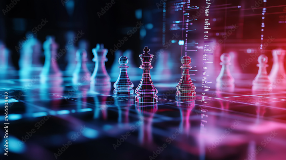 A 3D chessboard with holographic pieces, floating against a plain dark background, representing the futuristic and innovative strategies in digital business planning. A 3D chessboard with holographic pieces, floating against a plain dark background, representing the futuristic and innovative strategies in digital business planning.