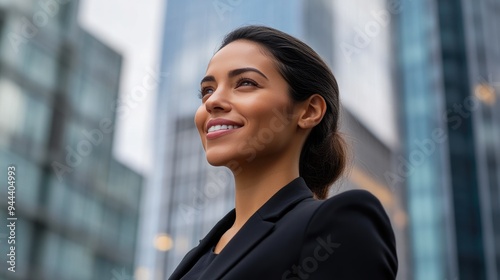 Successful Latina Executive with Head in Profile, City Skyline Background