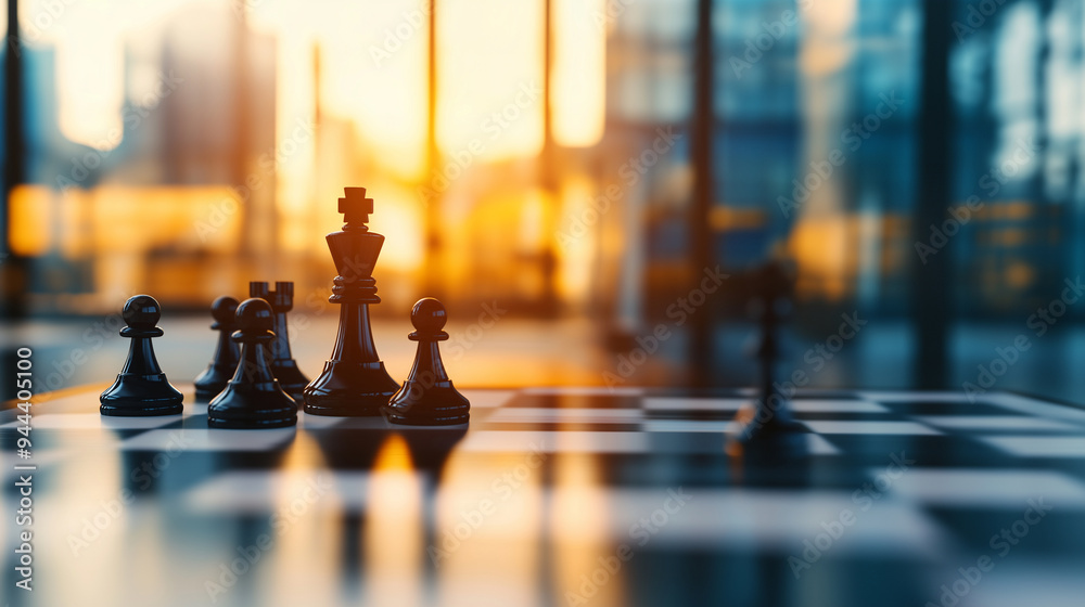 A chessboard with pieces that resemble modern office tools, set against a blurred corporate office background, symbolizing strategic business planning in a professional environment A chessboard with pieces that resemble modern office tools, set against a blurred corporate office background, symbolizing strategic business planning in a professional environment