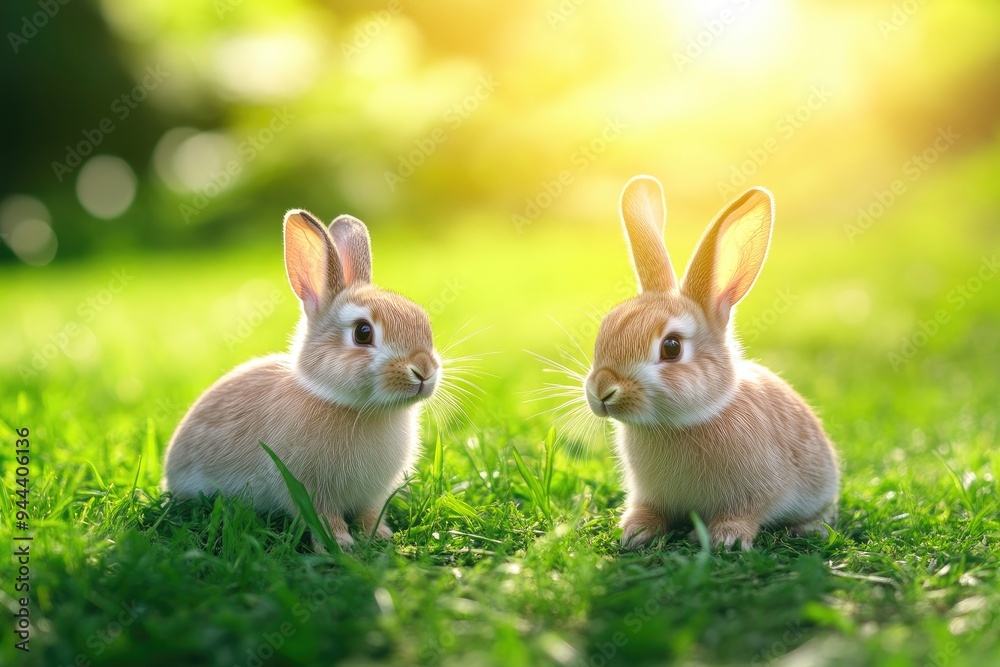 Fototapeta premium Gentle Bunny Resting on a Serene Sunny Lawn