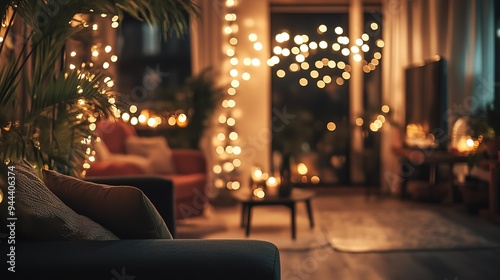 Cozy holiday living room with decorated Christmas tree, festive lights, and seasonal decor in a modern home during winter evening