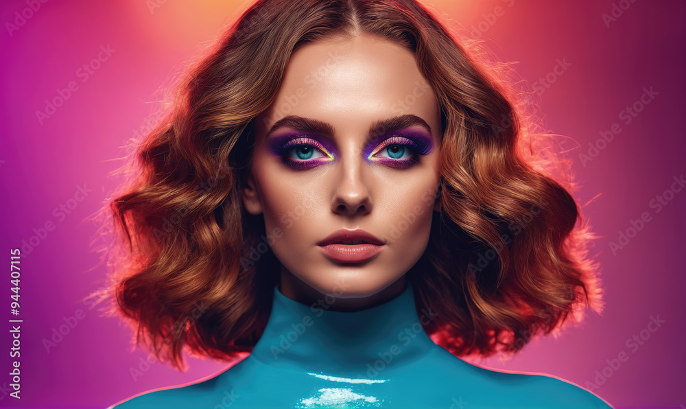 Obraz premium A woman with bright blue eyeshadow and a blue shirt stares directly at the camera