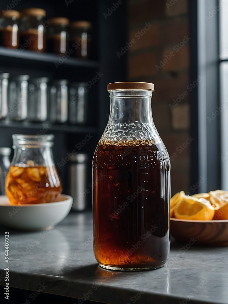 Cold brew coffee in a clear glass bottle on a kitchen counter Cold brew coffee in a clear glass bottle on a kitchen counter