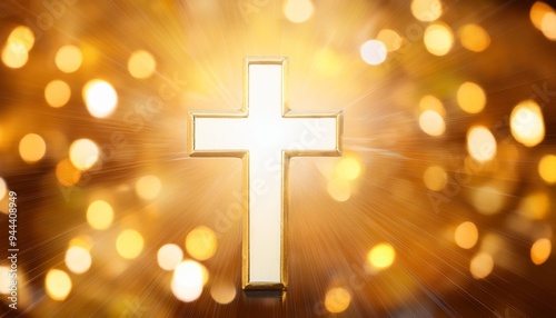 religious cross in abstract shining gold sparkles and radiant lights symbolism of heaven or the resurrection