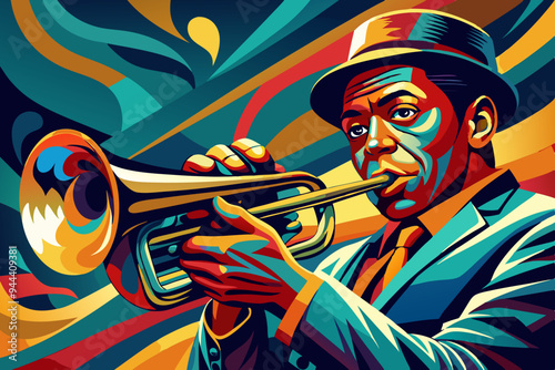 A bold and abstract illustration of a trumpet player, featuring striking colors and dynamic lines, capturing the essence of musical performance and artistic innovation

