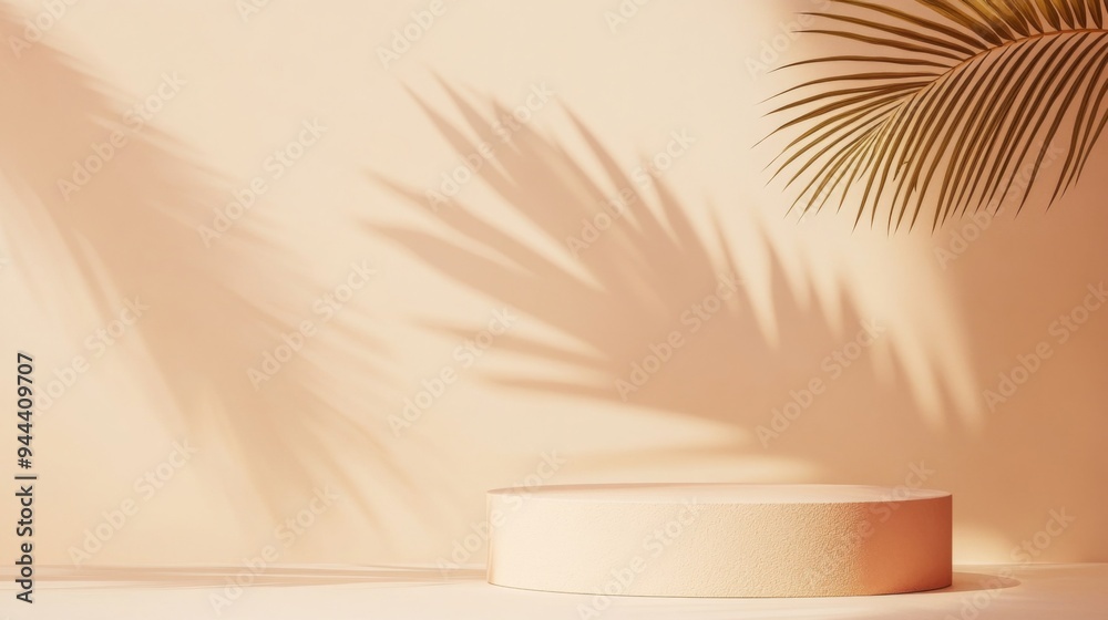 Minimalist Podium with Soft Peach Tones and Abstract Palm Leaf Shadow on Beige Background Minimalist Podium with Soft Peach Tones and Abstract Palm Leaf Shadow on Beige Background