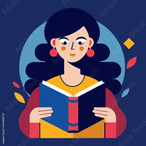 Woman with a Relaxed Expression Reading a Book Against a Blue Background
