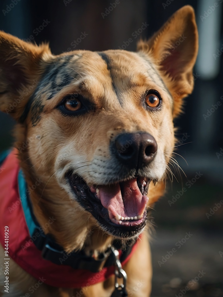 Colorful dog with its mouth open and eyes wide Colorful dog with its mouth open and eyes wide