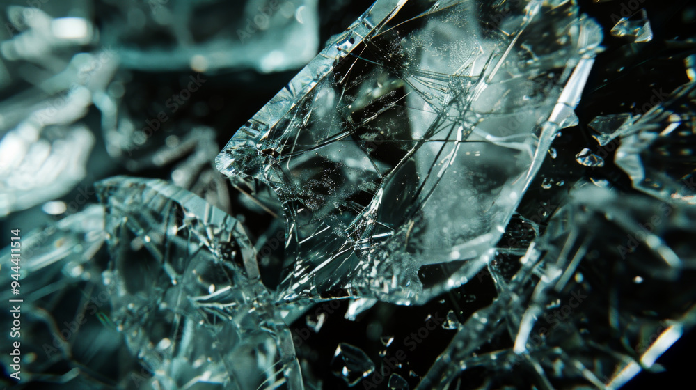 Close-up of broken glass. Amorphous texture. Macro photo of broken glass. Close-up of broken glass. Amorphous texture. Macro photo of broken glass.