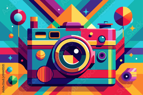 An abstract and colorful pop art representation of a retro camera, featuring vibrant tones and whimsical background elements to create a lively and dynamic visual composition.
