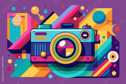 An abstract and colorful pop art representation of a retro camera, featuring vibrant tones and whimsical background elements to create a lively and dynamic visual composition.
