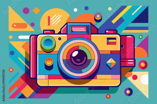 An abstract and colorful pop art representation of a retro camera, featuring vibrant tones and whimsical background elements to create a lively and dynamic visual composition.
