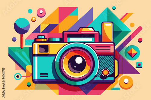 An abstract and colorful pop art representation of a retro camera, featuring vibrant tones and whimsical background elements to create a lively and dynamic visual composition.
