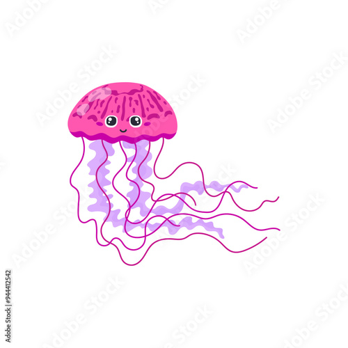 Vector illustrations with cartoon cute jellyfish with tentacles isolated on a white background